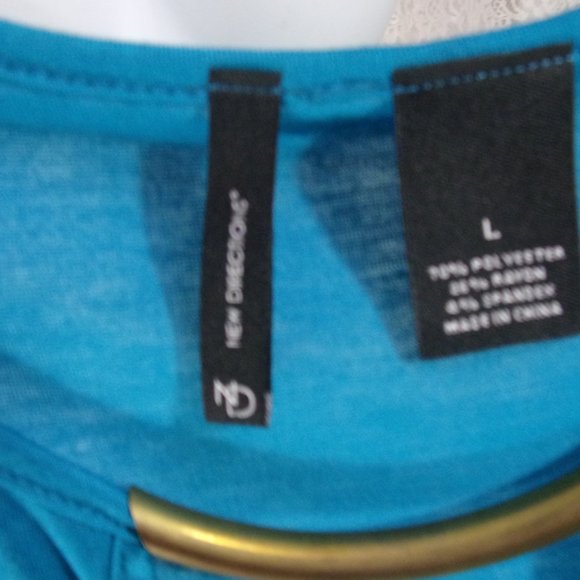 New Direction Teal Blue Top Blouse Gold Metal Bar at Neckline - Picture 4 of 4